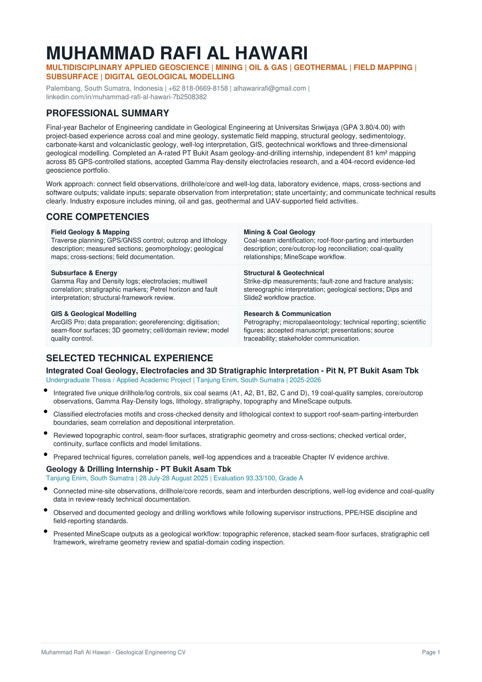 First page of the multidisciplinary applied geoscience curriculum vitae