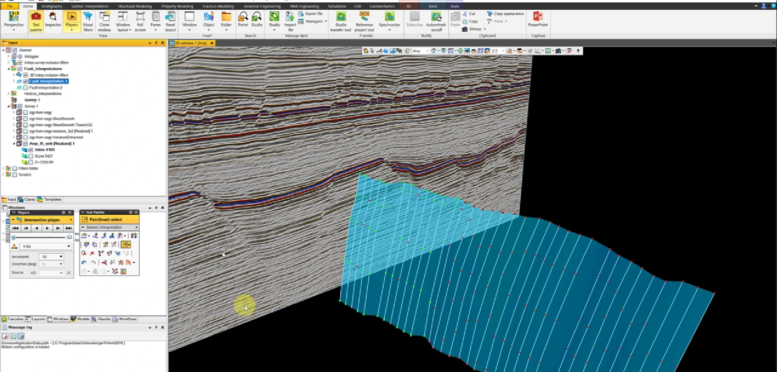 Fault surface cut by the seismic–horizon framework