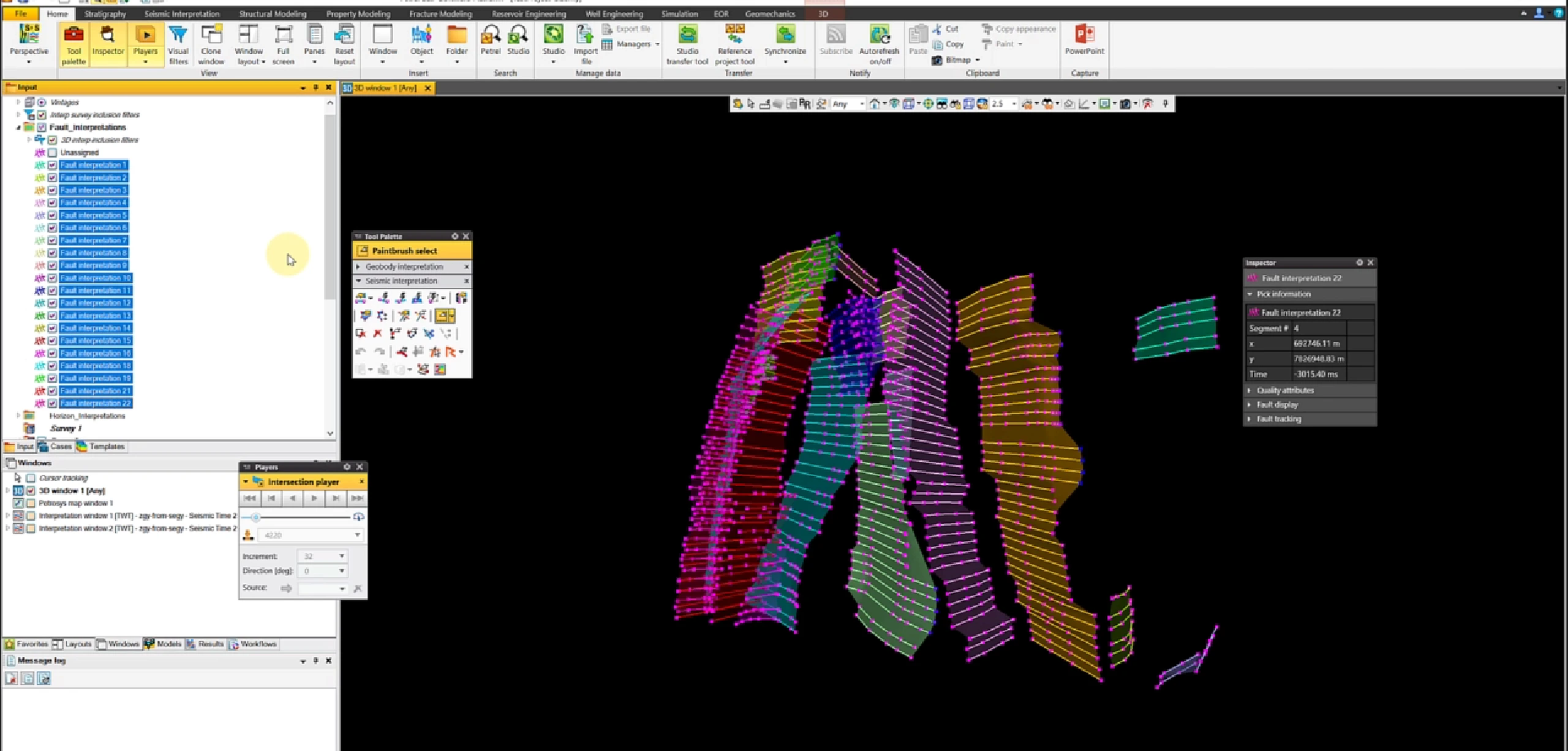 Colour-coded fault surfaces from interpreted fault sticks
