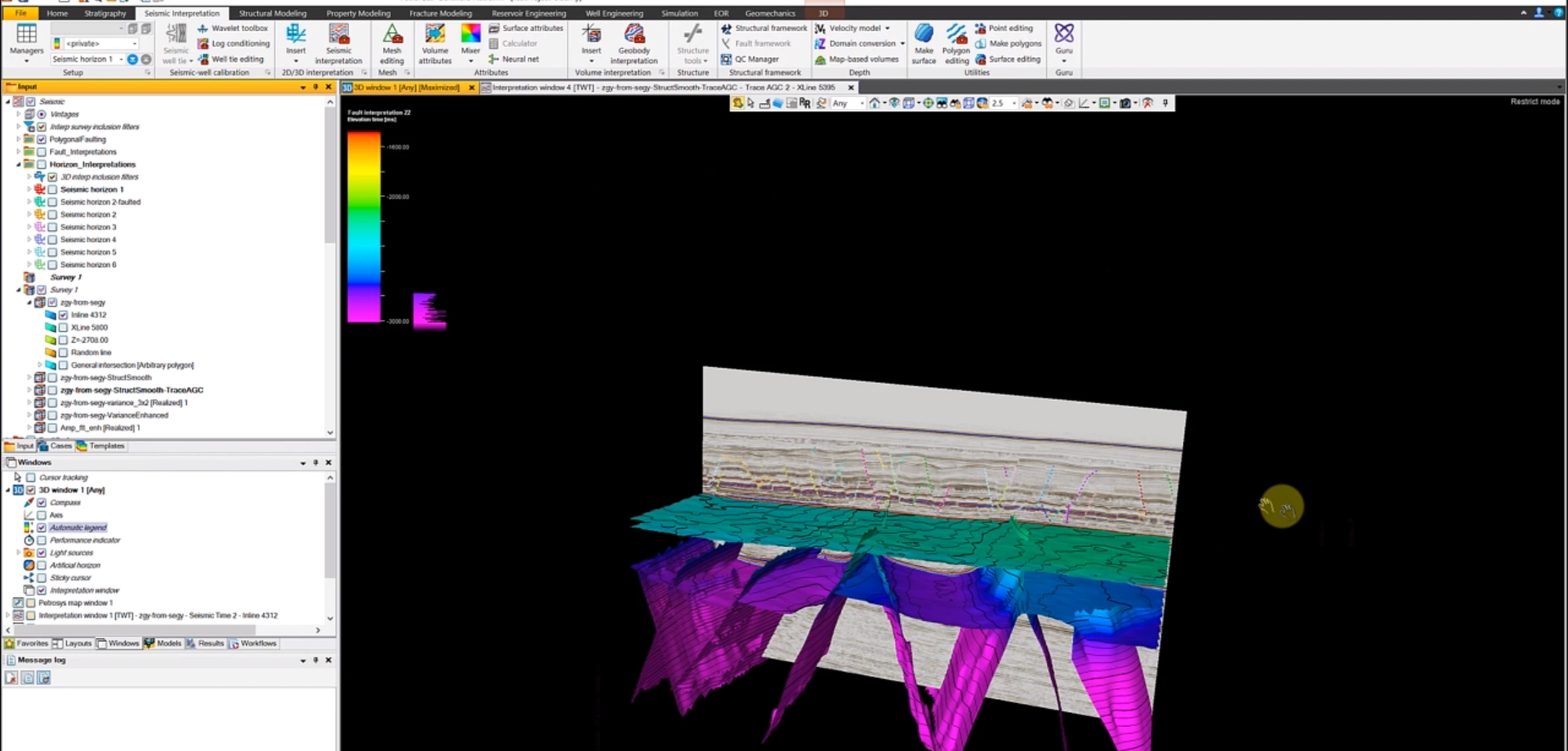 Seismic section, surfaces and faults integrated in 3D