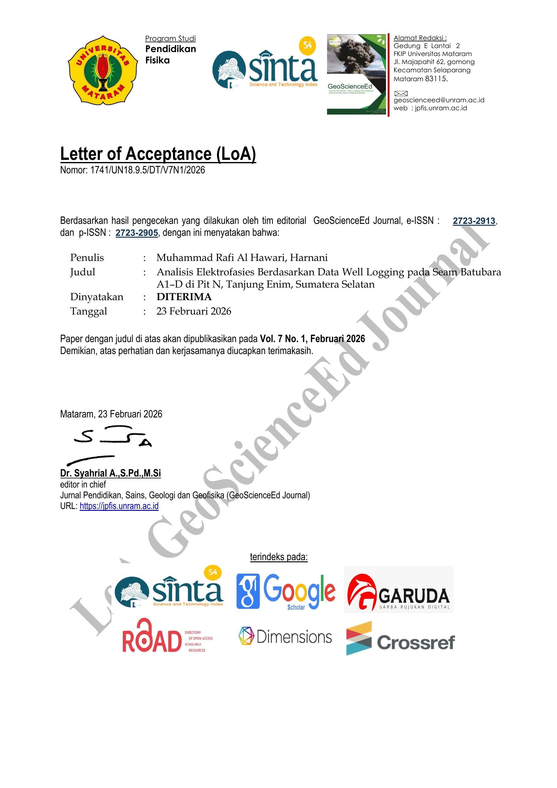 Letter of Acceptance — Original Record